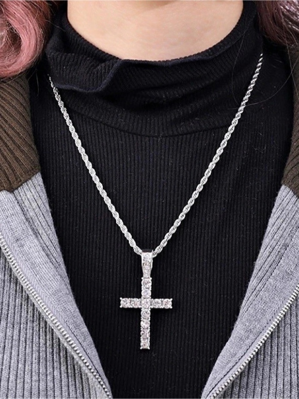 Unisex Stainless Steel Fashion Jewelry Necklace With CZ  Diamond Cross Pendant